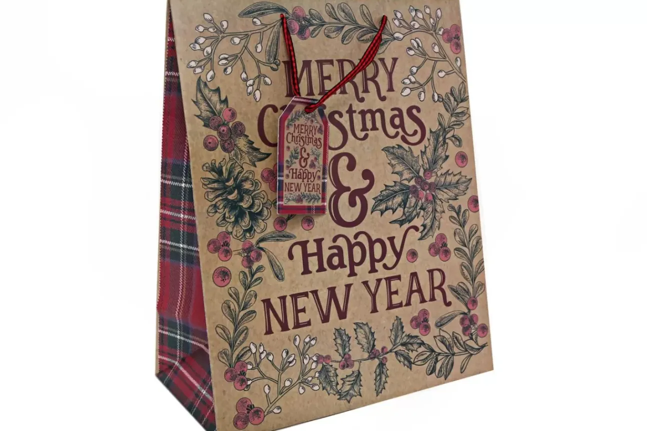 Borsa Regalo 26X33Cm Fantasia Scozzese Rossa Con Scritta