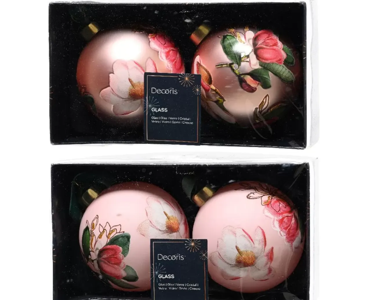 Confezione 2 Palline Di Natale D8Cm Rosa Con Disegni Floreali Modello Assortito
