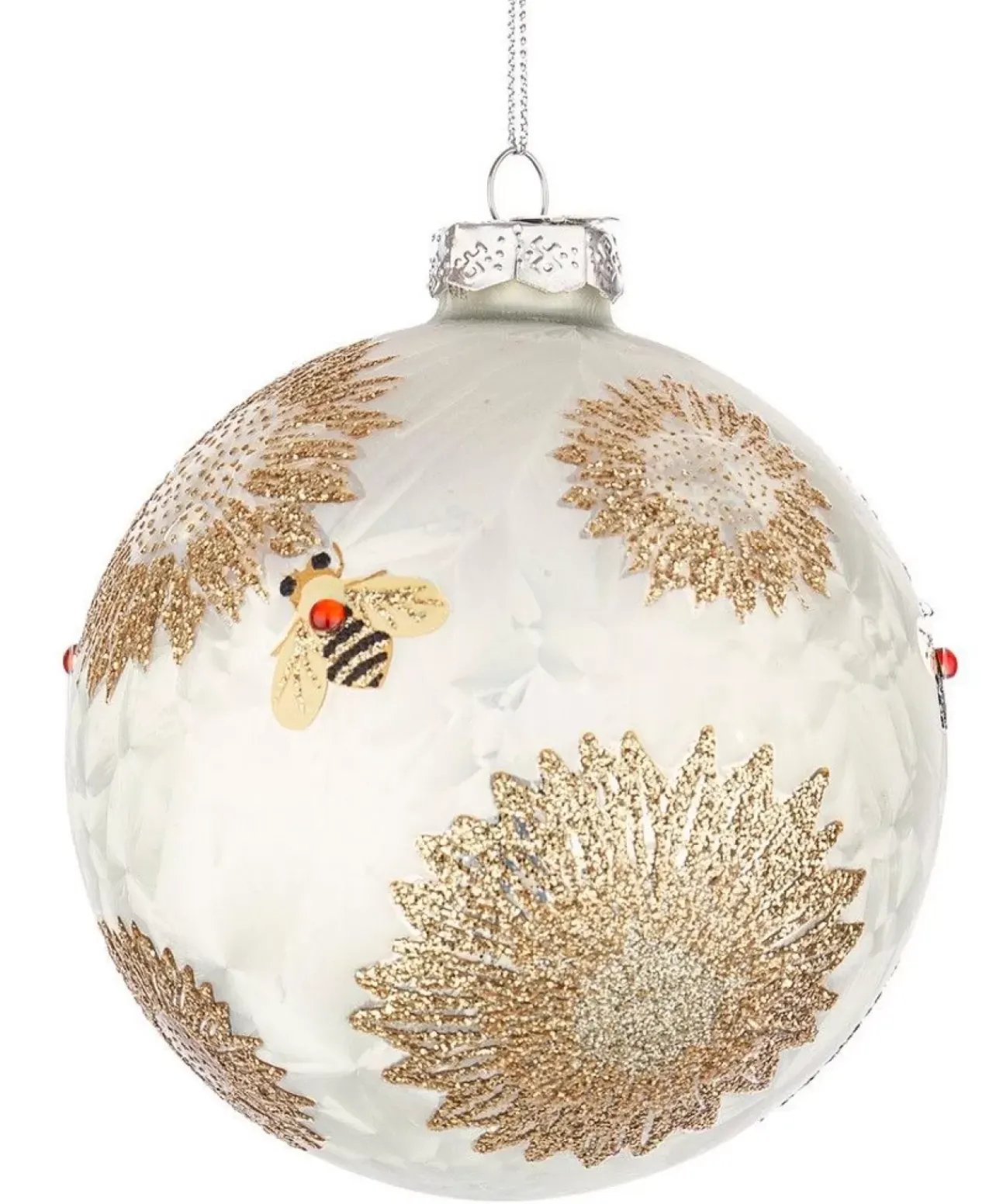 Pallina Di Natale Bianca Con Decorazione Api E Fiori Honeybee O10Cm