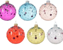 1 Pallina Di Natale In Vetro D.8Cm Con Glitter 6 Colori Assortiti