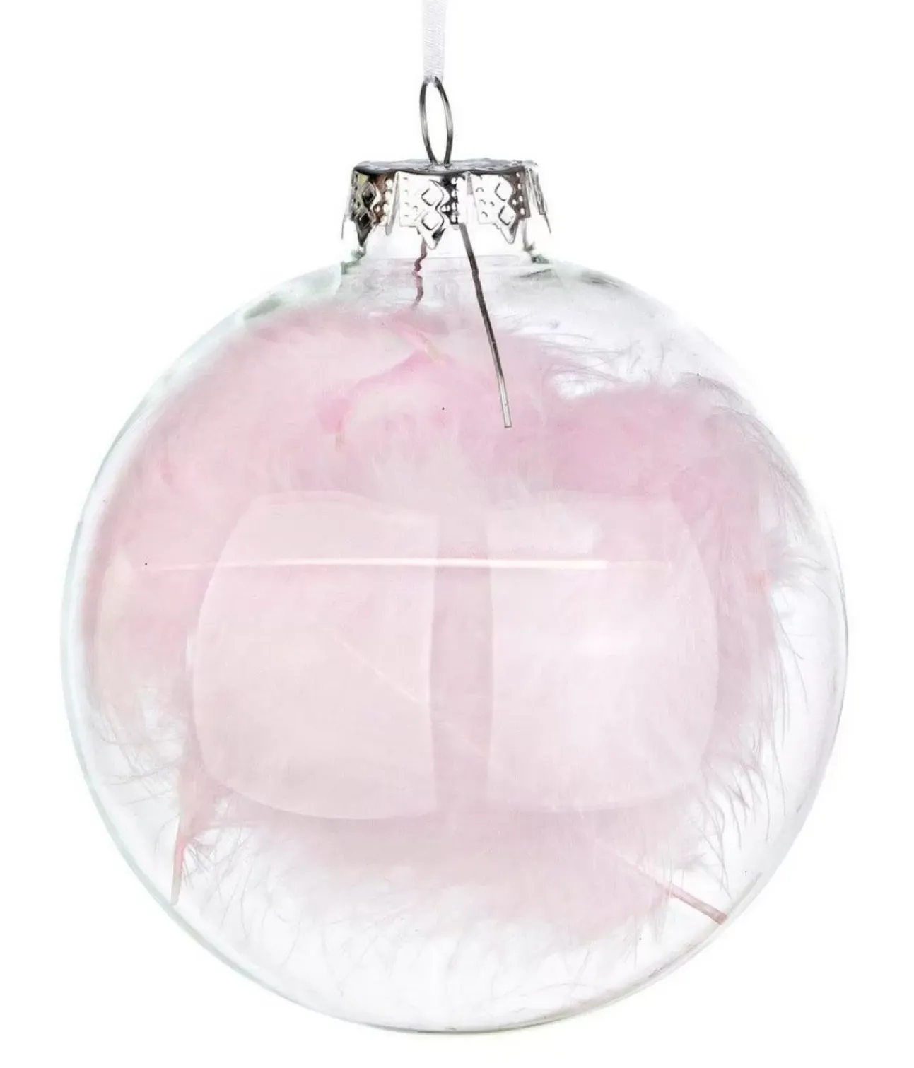 Pallina In Vetro Con Piuma Rosa O10Cm
