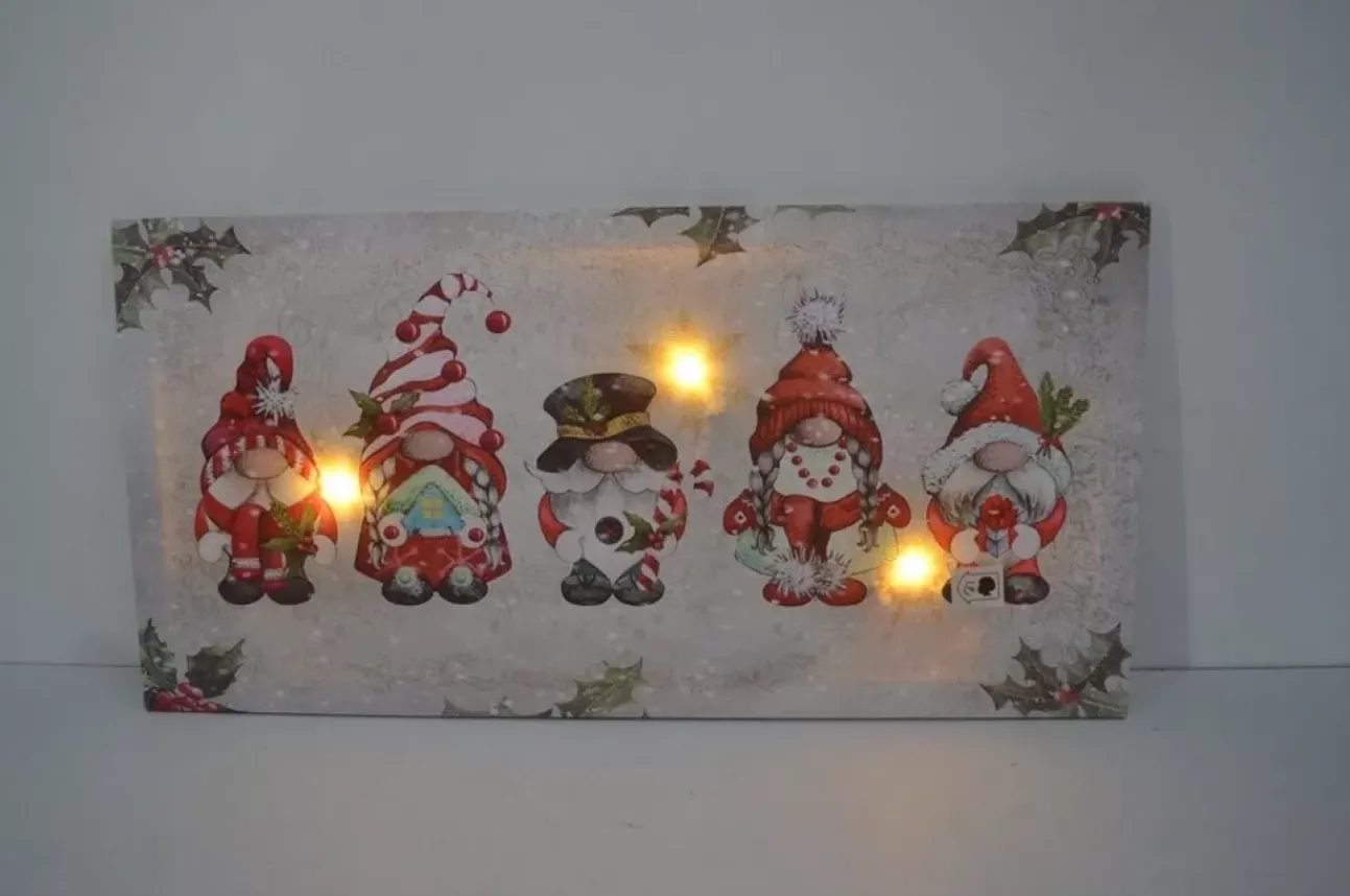 Quadro Natalizio Con Gnomi 60X30X1,8Cm Con Microled Bianco Caldo