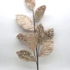 Ramo Foglie Velluto Con Perline/Pailettes Glitterato Beige 72Cm