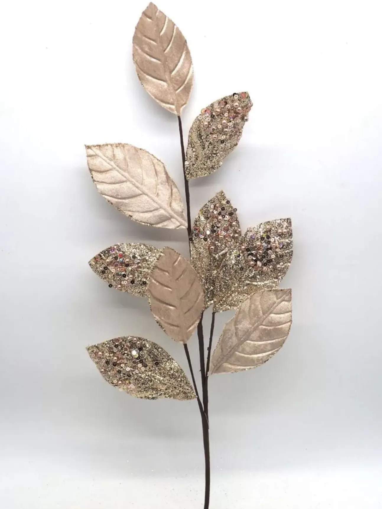 Ramo Foglie Velluto Con Perline/Pailettes Glitterato Beige 72Cm